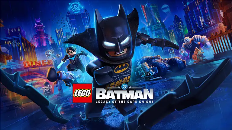 《LEGO Batman: Legacy of the Dark Knight》官方宣传图，蝙蝠侠站在哥谭城市前方