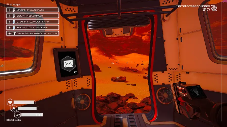 《The Planet Crafter》PS5 版中玩家站在基地舱门内观察红色星球地表