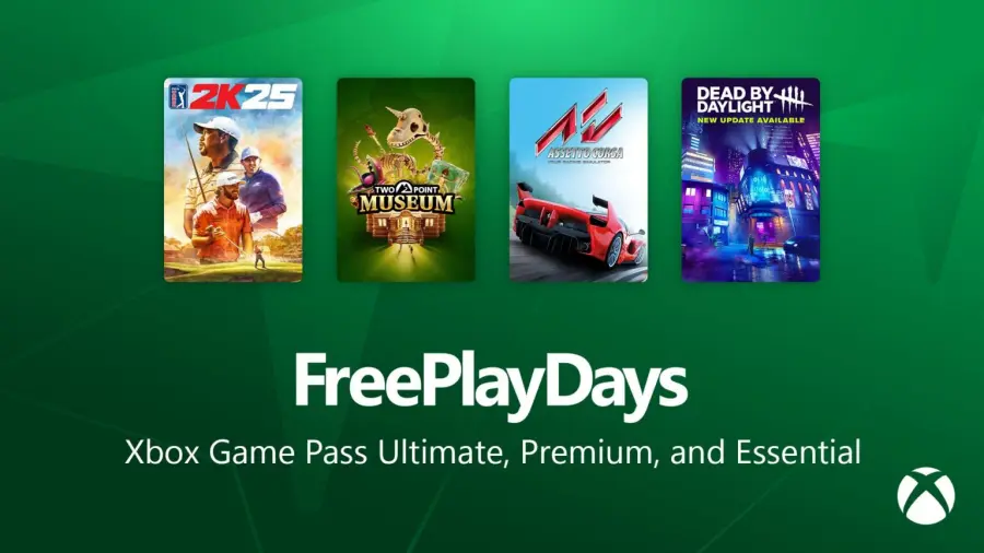 Xbox Free Play Days 2026年6月18日活动合图，展示 PGA TOUR 2K25、Two Point Museum、Assetto Corsa 和 Dead by Daylight