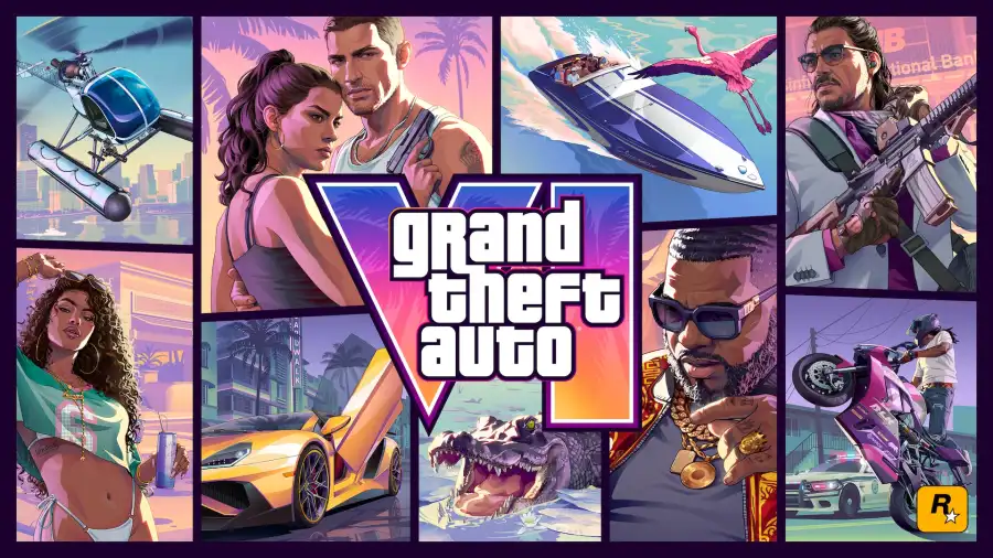 《GTA VI》官方封面图,Jason 与 Lucia 出现在霓虹色调的宣传构图中