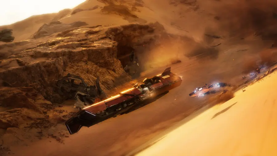 《Star Wars: Galactic Racer》沙漠赛道上的飞梭竞速画面
