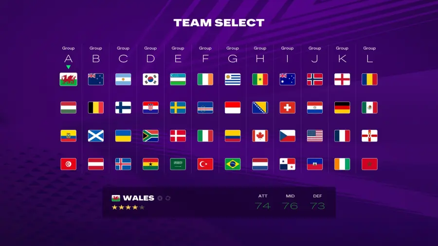 EA SPORTS FC 26 世界赛事模式球队选择界面