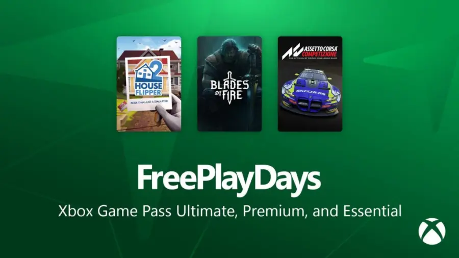 Xbox Free Play Days 官方阵容图，包含 House Flipper 2、Blades of Fire 和 Assetto Corsa Competizione