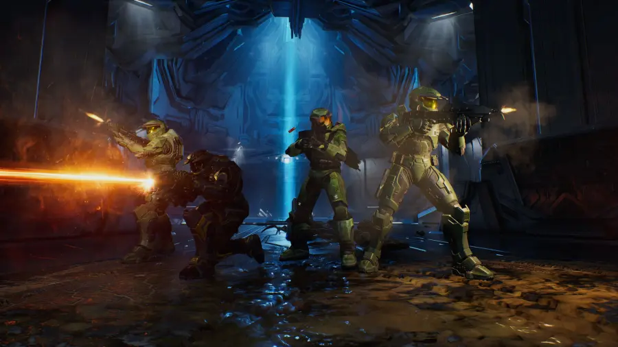 《Halo: Campaign Evolved》中四名士兵在图书馆区域协同作战的官方截图