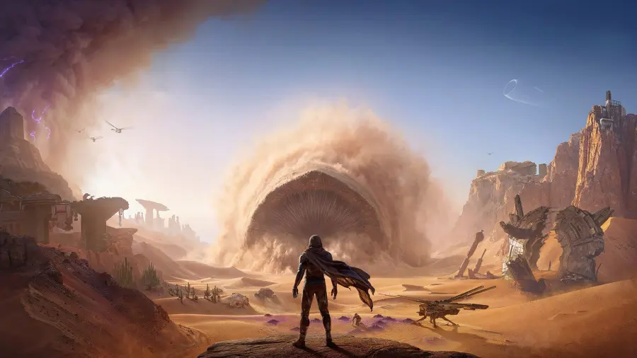 《Dune: Awakening》PS5 版官方宣传图,角色站在厄拉科斯沙漠环境中