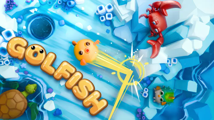 《Golfish》Nintendo Switch 官方商店图，展示小鱼在水面与障碍物间移动