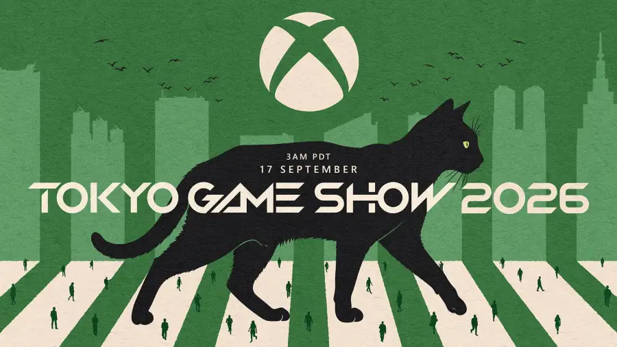 Xbox 东京电玩展 2026 直播主视觉：黑猫走过绿色东京街景