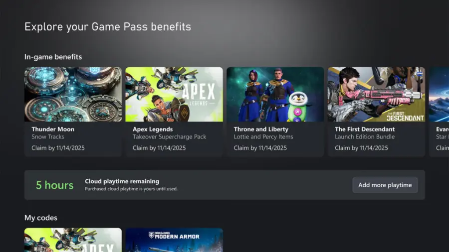 Xbox 云游戏月度时长说明图，Ultimate、Premium、Essential 分别为 15、10、5 小时