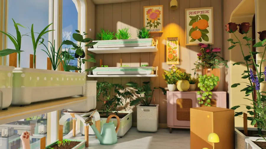 《Tiny Eden》Steam 官方截图，公寓内摆放植物与园艺设施