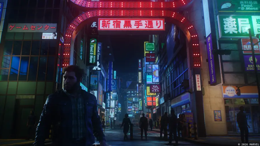 《漫威金刚狼》中金刚狼站在布满霓虹招牌的新宿街道